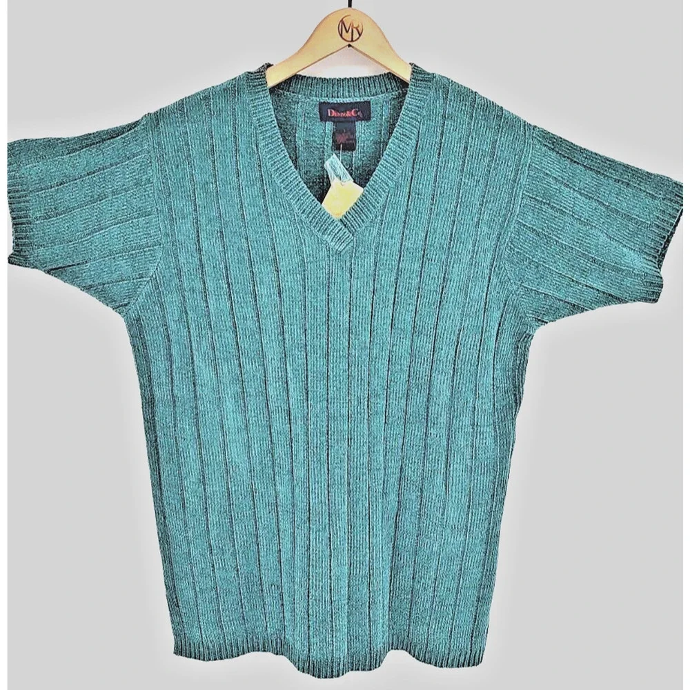 Denim & Co. NEW Woman Teal Green Pullover Sweater Size Large Short Sleeve Cable - Picture 2 of 10